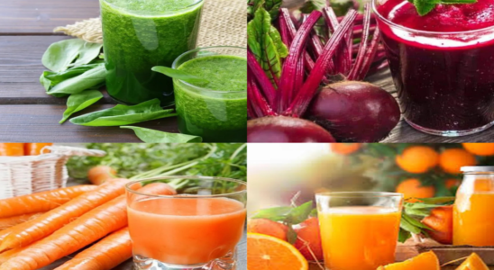 4 sucos detox de couve, cenoura, beterraba e laranja